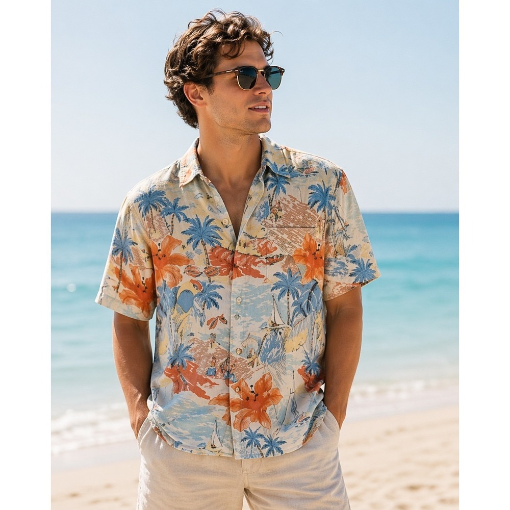 Coastal Resort Caribbean Tropical Island Print Short Sleeve‎ Modal Shirt Large